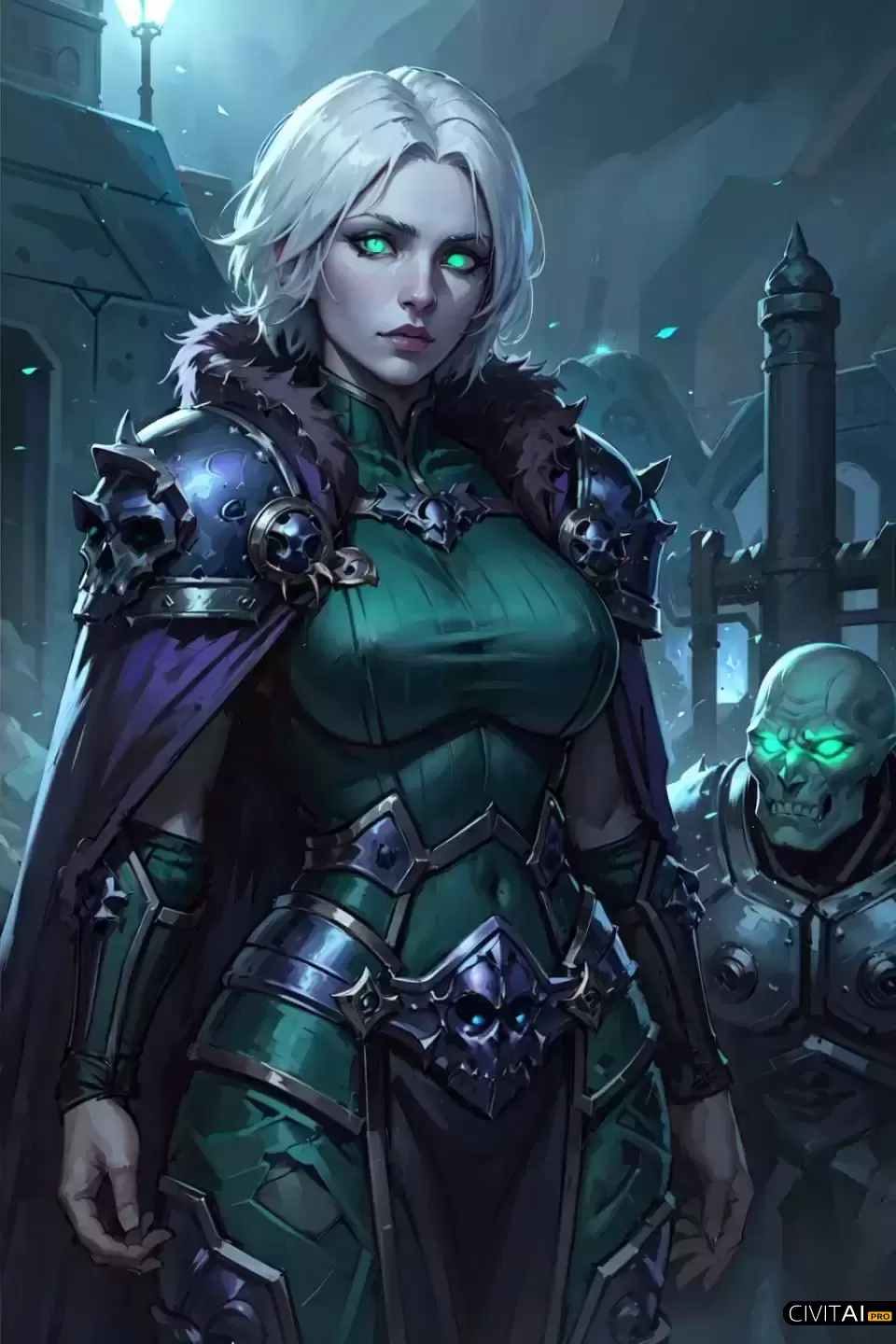 穿着绿色骷髅盔甲的白发女战士