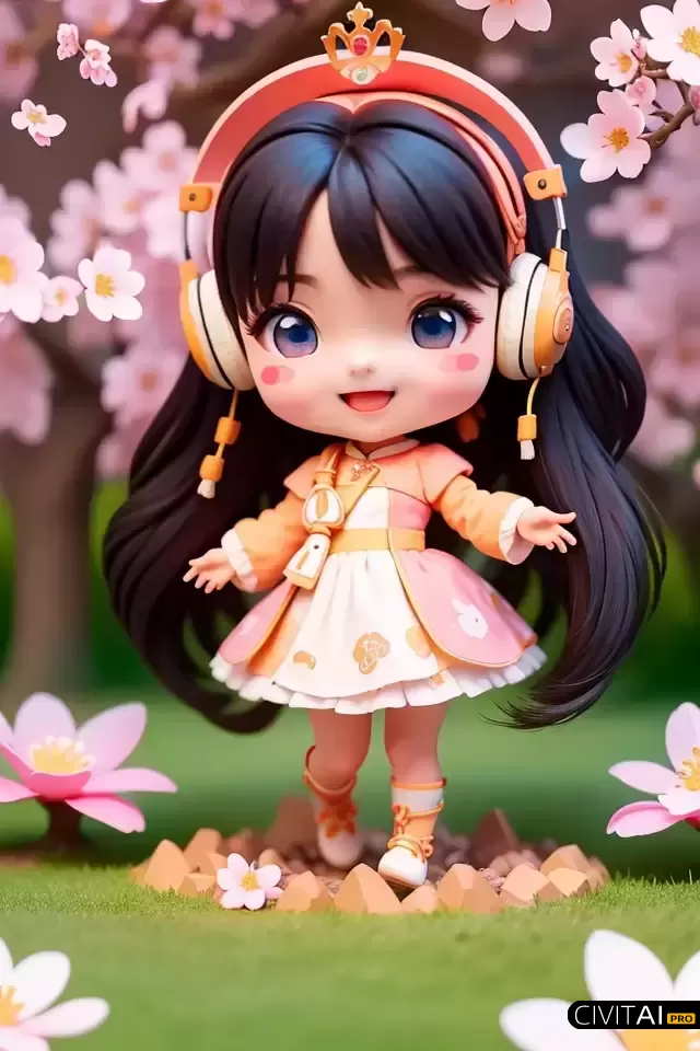 樱花树下戴耳机的可爱玩偶