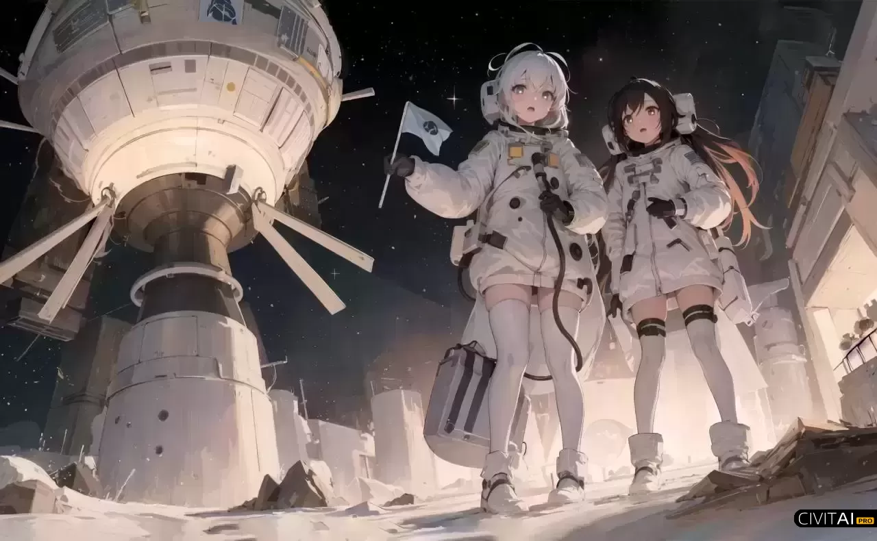 在外太空空间站的两个女孩