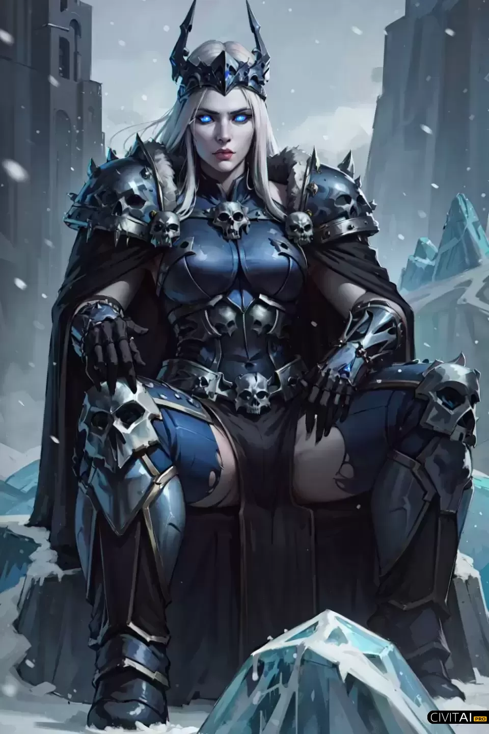 坐在冰雕的宝座上的女战士