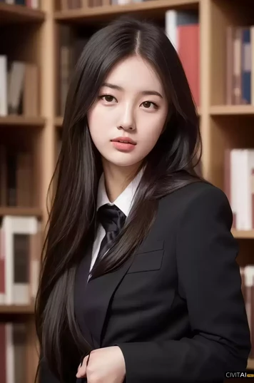 图书馆中的长发女子肖像照