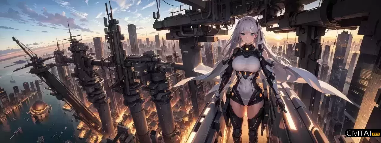 悬浮于壮丽城市中的未来女孩