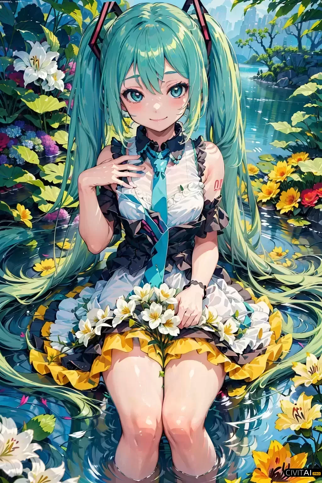 初音未来红花田中微笑描绘画面