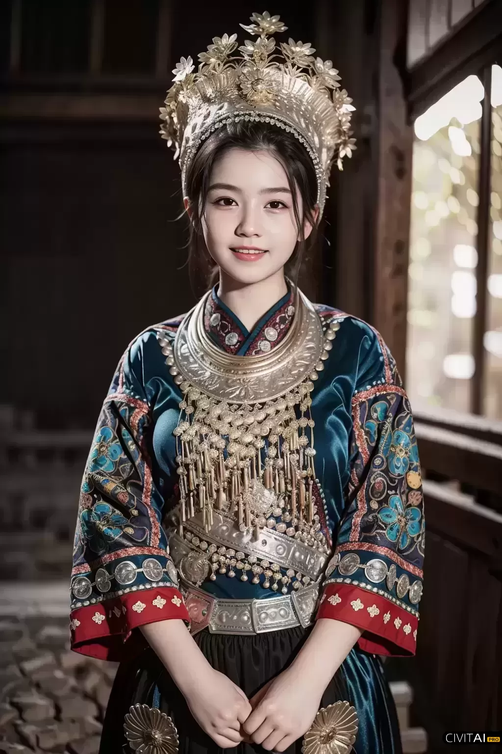 18岁细腻面容的苗族少女全身照