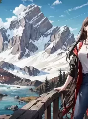 雪山环绕下的牛仔裤女孩