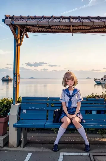 坐在海边长椅上的短发女孩