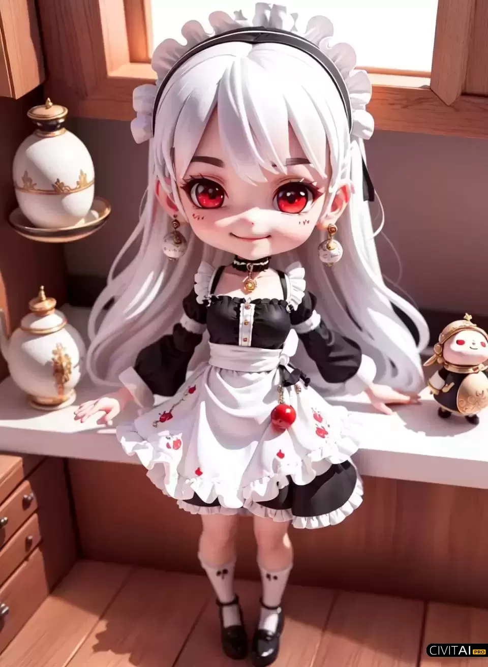 可爱女仆制服下的白发红眼女孩