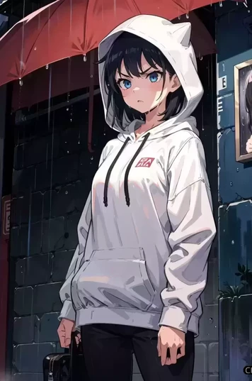 愤怒的女孩湿漉漉站在雨中的黄昏