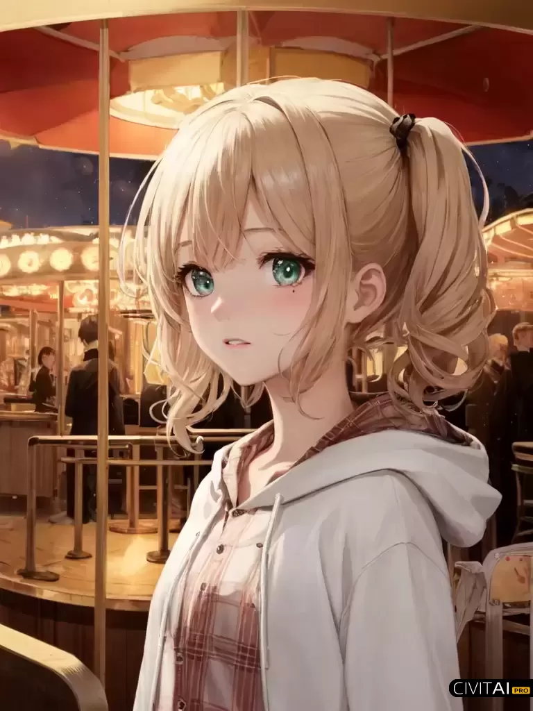 站在游乐场前的短发女孩