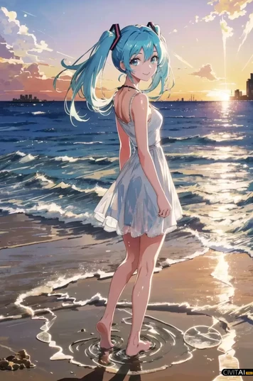 站在海滩边的初音未来