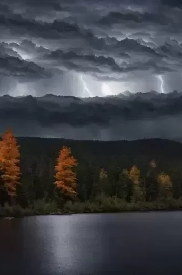 秋季森林中的雷雨景象